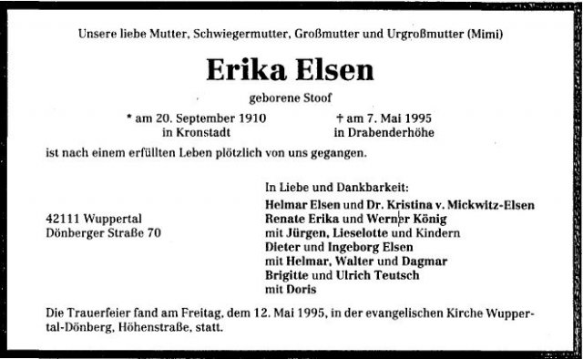 Stoof Erika 1910-1995 Todesanzeige